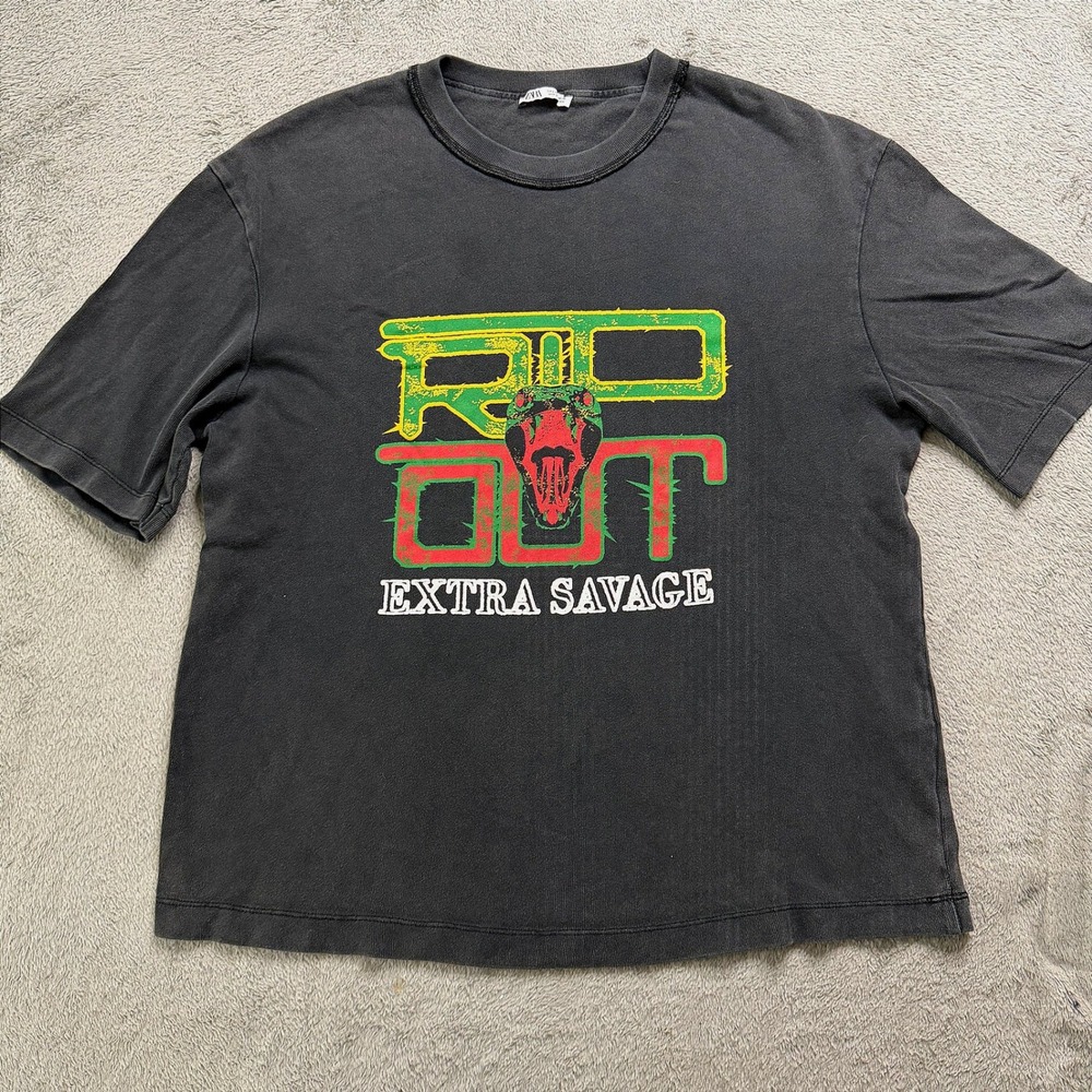 Zara Rip Out Extra Savage Snake Graphic T-Shirt Faded Black Large